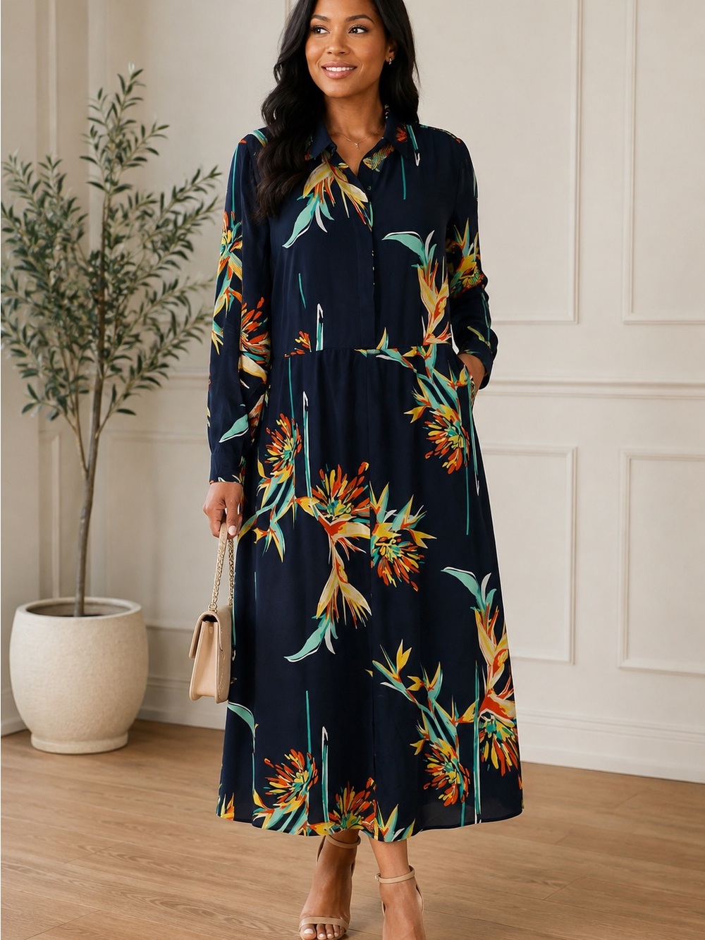 eva mendes for New York & Company Navy Tropical Print Long Sleeve Dress